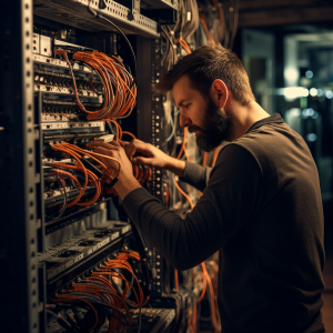 Technician inspecting network hardware
