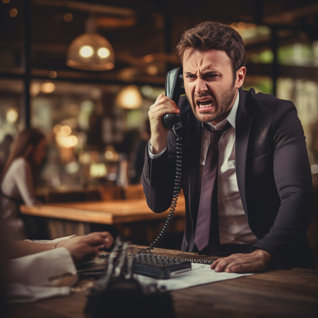 A business owner having a tense phone call with an angry customer