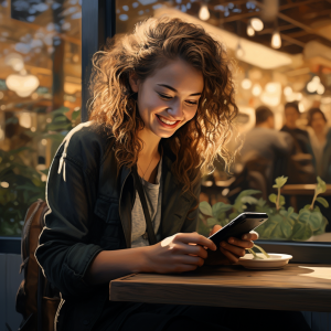 Person in an outdoor setting smiling while interacting with a voice assistant on their device