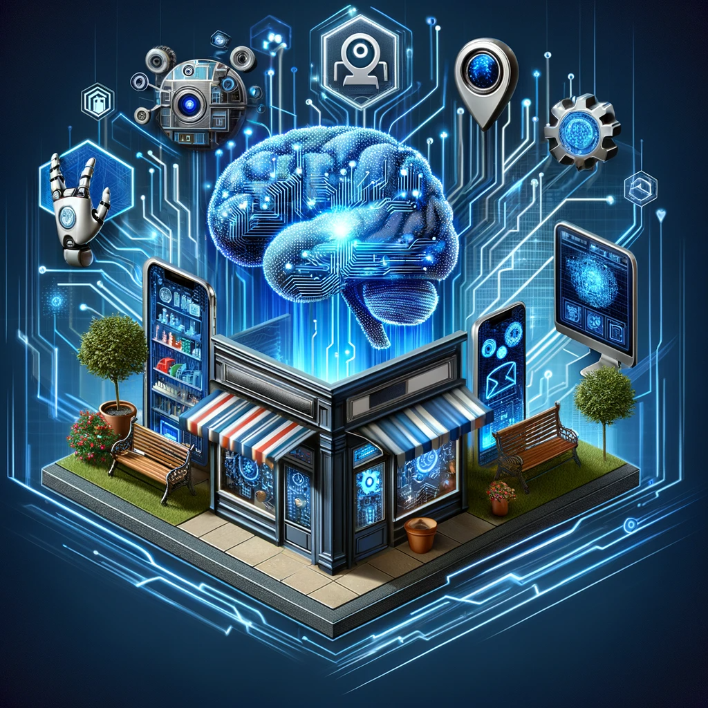 AI Transforming Small Business - Digital Illustration with AI Icons and Small Business Elements