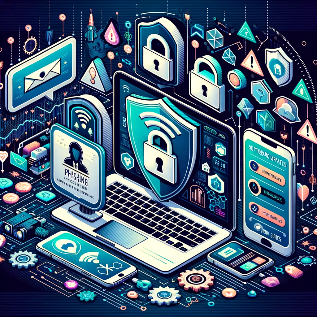 Comprehensive cybersecurity concept featuring Wi-Fi security, phishing awareness, and software updates, with encryption symbols, a vigilant user, and updating devices.