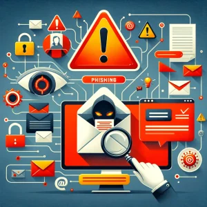 Phishing awareness concept with deceptive email, warning signs, and symbols of vigilance against a backdrop of digital cybersecurity threats.