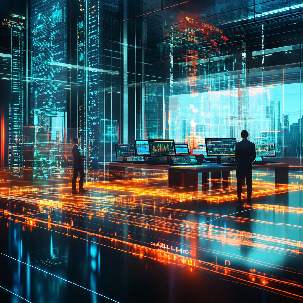 A futuristic office environment showcasing advanced IT management, with two professionals monitoring holographic screens displaying data and network diagnostics. The room is filled with vibrant digital lines and glowing circuitry, symbolizing seamless, proactive IT solutions in a high-tech setting.
