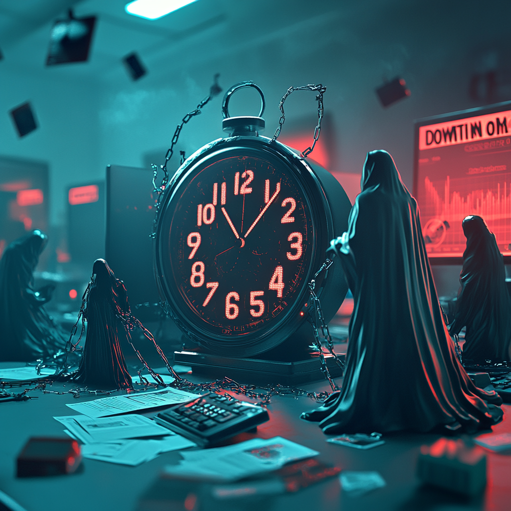 Illustration of a stressed small business owner facing computer issues, surrounded by cluttered paperwork and notes, symbolizing the impact of IT downtime on productivity and operations.