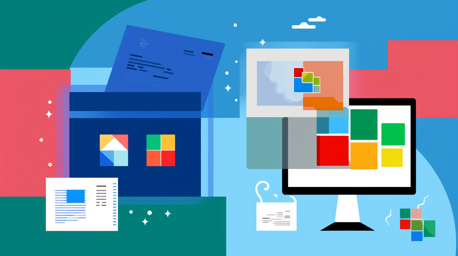 A modern, stylized illustration comparing Microsoft 365 and Google Workspace. The image features a split design with Microsoft's interface elements in blue tones on the left and Google's colorful squares interface on the right. Document icons, windows, and interface elements float across a dynamic background of teal, coral, and sky blue colors. A desktop monitor displays colorful app tiles, while paper documents and small decorative stars add depth to the composition.
