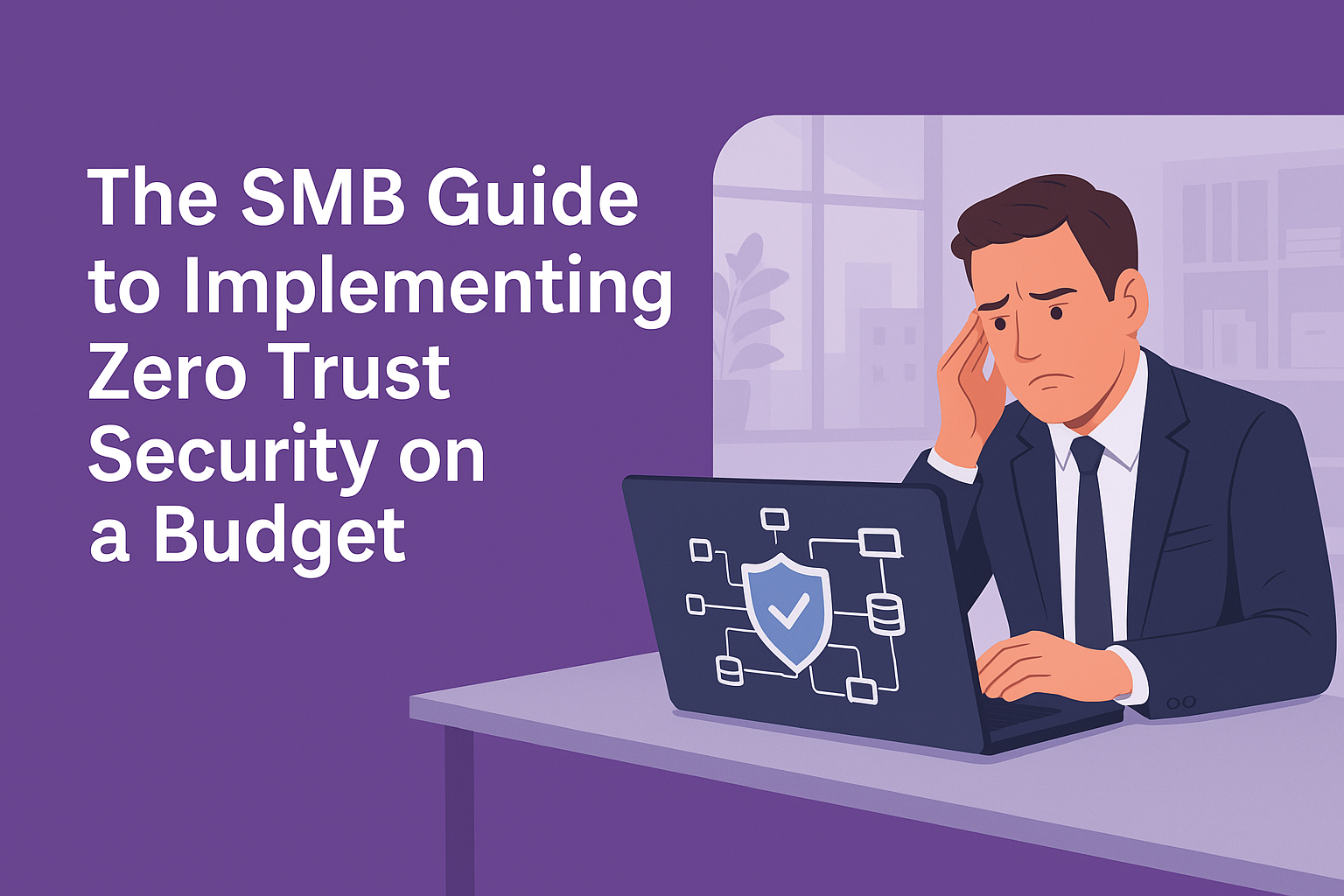 A digital graphic with a purple background displays the title 'The SMB Guide to Implementing Zero Trust Security on a Budget' in bold white text, alongside an image of a concerned small business owner working on a laptop showing a network diagram with a shield icon, set in a modern office environment.