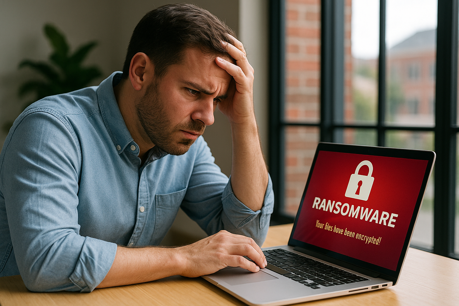 Concerned small business owner in Frisco, Texas looking at a ransomware warning on a laptop screen in his office