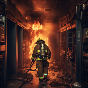 Firefighter extinguishing server room blaze