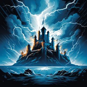 Fortress with a shield emblem amidst a digital storm with circuitry lightning bolts