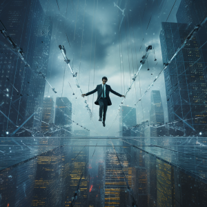 Tightrope walker balancing between a storm and a swarm of digital binary code