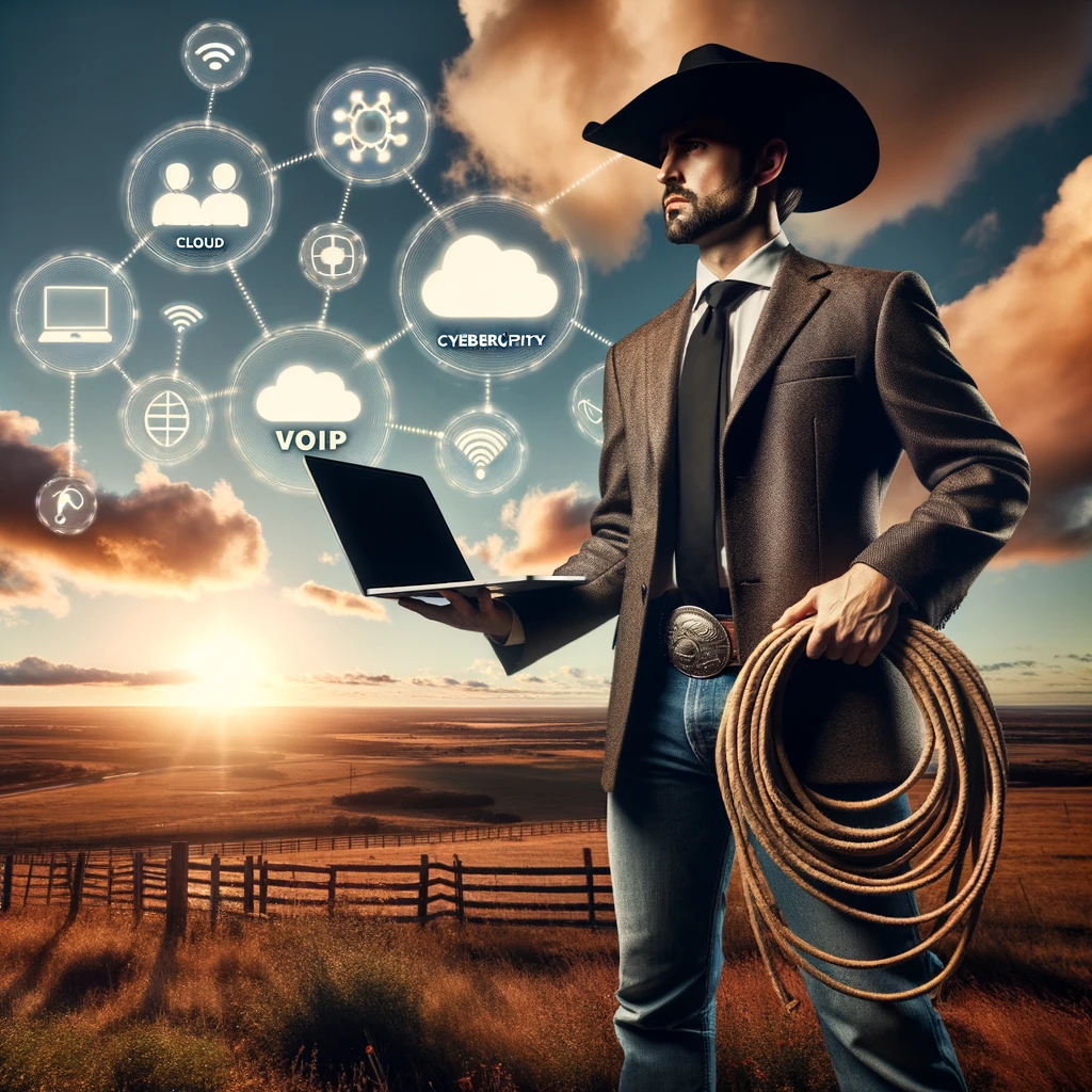 Modern cowboy in Texas with a laptop and lasso, with digital icons in the sky at sunset.
