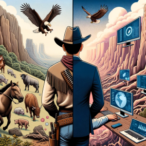 Comparison of a traditional cowboy facing natural challenges and a digital cowboy facing tech challenges.