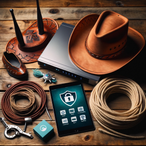 Rustic table displaying cowboy gear alongside IT tools like a router, software boxes, and a cybersecurity shield