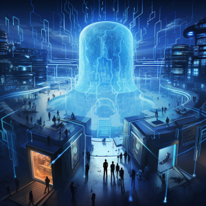 An illustration titled 'The Digital Fortress' depicting a small business as a futuristic fortress with walls made of code and biometric scans, having three gates each representing an authentication factor - Something you know, Something you have, and Something you are. Outside the fortress, cyber threats like malware and hackers are shown attempting to breach the gates but are thwarted by the MFA security measures.