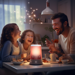 amily enjoying a humorous moment with a smart speaker in a cozy living room