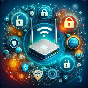 Secure Wi-Fi network concept with router, locks, shields, and digital encryption symbols on a technology-themed background.