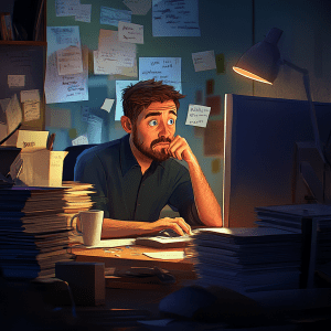 Illustration of a stressed small business owner facing computer issues, surrounded by cluttered paperwork and notes, symbolizing the impact of IT downtime on productivity and operations.