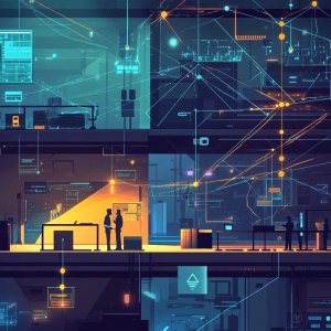 A futuristic business environment illustrating scaling challenges with multi-location operations, interconnected by vibrant digital lines representing data and communication flow. One section shows fragmented connections and frustrated employees, while another area displays seamless IT infrastructure with efficient data synchronization, secure access, and smooth technology integration across remote locations