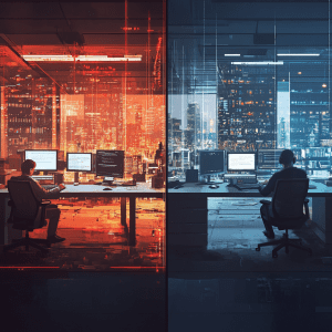 A modern office environment divided into two contrasting halves: the left side in red tones shows a cluttered, chaotic workspace with employees struggling with IT issues, symbolizing the impact of inadequate technical support, while the right side in blue tones displays an organized, calm setting with streamlined systems and productive employees, representing optimized IT management and high productivity.