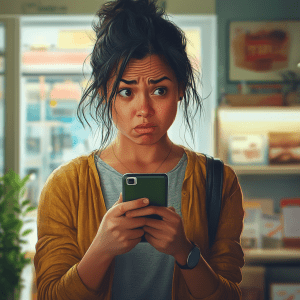 Portrait of a frustrated customer holding a smartphone, looking disappointed and concerned, symbolizing the negative impact of IT downtime on customer satisfaction and loyalty for small businesses.