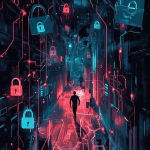 Futuristic digital landscape showing cybersecurity threats with glowing red and blue locks, circuit patterns, and lone silhouettes walking through networks. Illustrates data protection, IT downtime risks, and the importance of cybersecurity for small businesses.