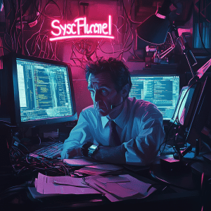 Business owner under stress, working late in a dark office surrounded by computer monitors displaying code and error messages. A neon 'SysFlamel' sign glows in the background, symbolizing cybersecurity challenges and the impact of IT downtime on small businesses.