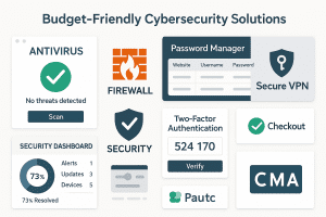 A clean digital grid displays eight cybersecurity tool logos and interface screenshots, highlighting affordable solutions like antivirus, firewalls, and password managers, all arranged in a modern and organized layout.