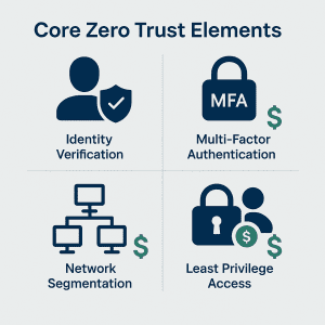 Infographic illustrating key Zero Trust security principles—identity verification, multi-factor authentication, network segmentation, and least privilege access—each represented with icons and green dollar signs to highlight affordability, in a modern corporate design.