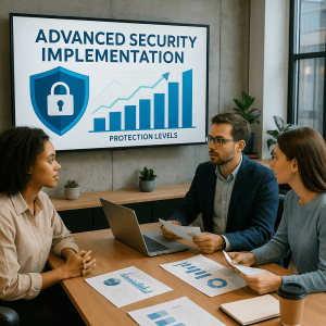 Three professionals in a modern office review an advanced security implementation plan, displayed on a screen with graphs showing improved protection levels.