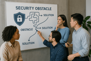A diverse small business team collaborates in a modern office, actively brainstorming at a whiteboard that displays a security obstacle diagram with solution paths.