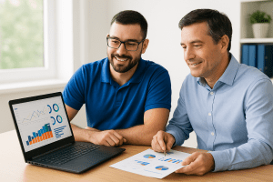 Managed IT technician advising business owner on proactive IT strategy