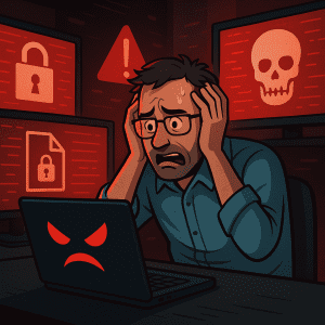 Small business owner stressed out over ransomware on computer screens