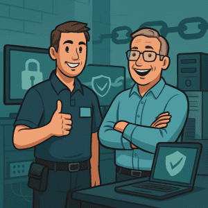 Happy business owner after restoring systems from a cyberattack