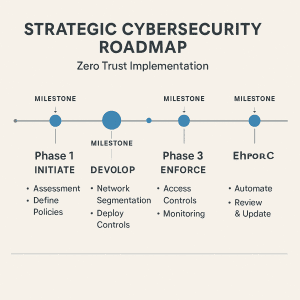 A professional 2D digital timeline graphic outlines the four phases of Zero Trust implementation—Initiate, Develop, Enforce, and Optimize—with clearly marked milestones and goals in a clean, business-style layout using blue, gray, and white tones.