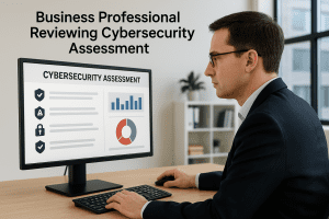 A business professional in a navy suit and glasses focuses on a computer screen displaying a cybersecurity assessment dashboard, with charts, metrics, and security icons, in a bright modern office setting.