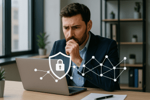 A small business owner in a modern office looks worried while working on a laptop, with a digital shield icon and partial network diagram overlayed, symbolizing cybersecurity protection.