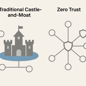 Educational diagram comparing the traditional castle-and-moat security model on the left, featuring a castle surrounded by a moat, with the Zero Trust model on the right, showing a network of nodes and verification checkpoints represented by shield icons in a simple corporate style.