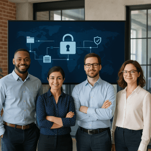 Four business professionals stand confidently in a modern office, with a large screen behind them displaying a secure network visualization featuring data nodes, locks, and a global map—symbolizing successful Zero Trust implementation.