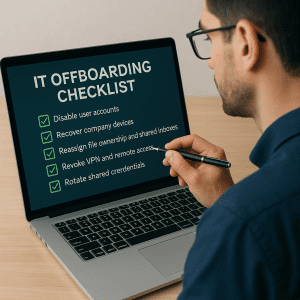 Technician performing IT offboarding steps on laptop
